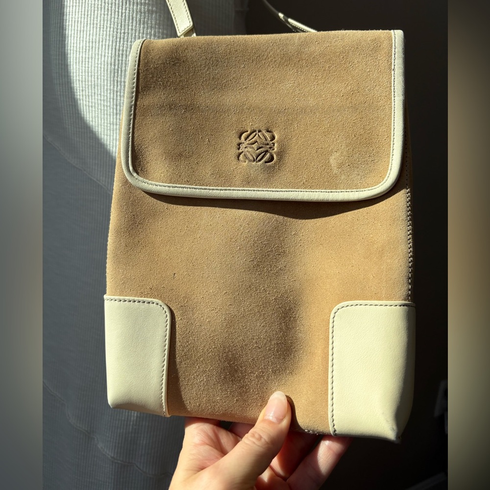 Loewe Suede and Leather Crossbody in tan and cream - Picture 15 of 15